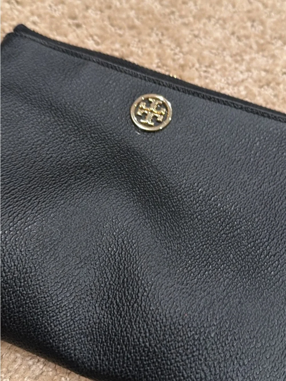 Tory Burch Black Pebbled Leather Wristlet with Gold Logo